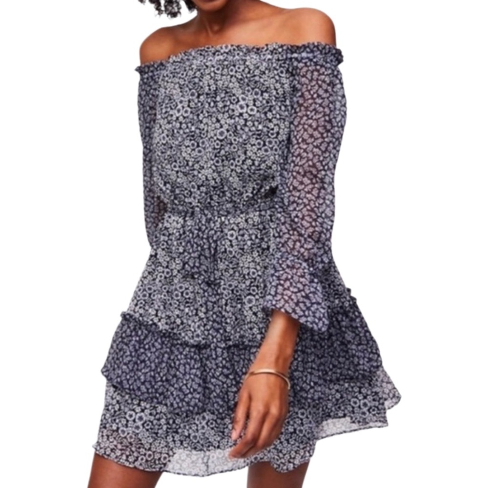 Romantic Off the Shoulder Ruffled Tiered Dress Navy Blue Floral Print Size Small
